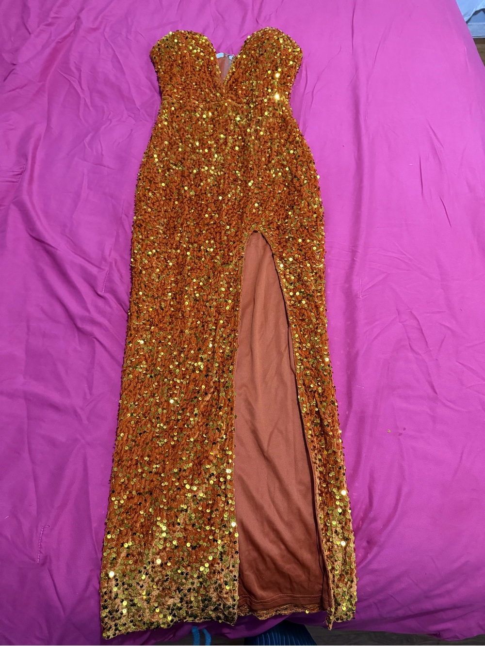 Strapless Orange Sequin Prom Gown with Thigh Slit